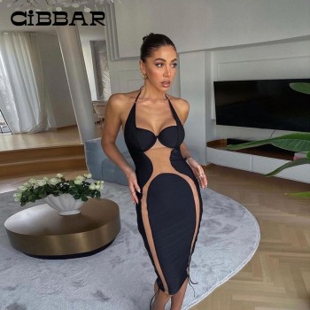 Sleeveless Skinny Midnight Style Halter Dress Women Mesh Stitching Sexy Low Chest Cleavage Bodycon Dresses